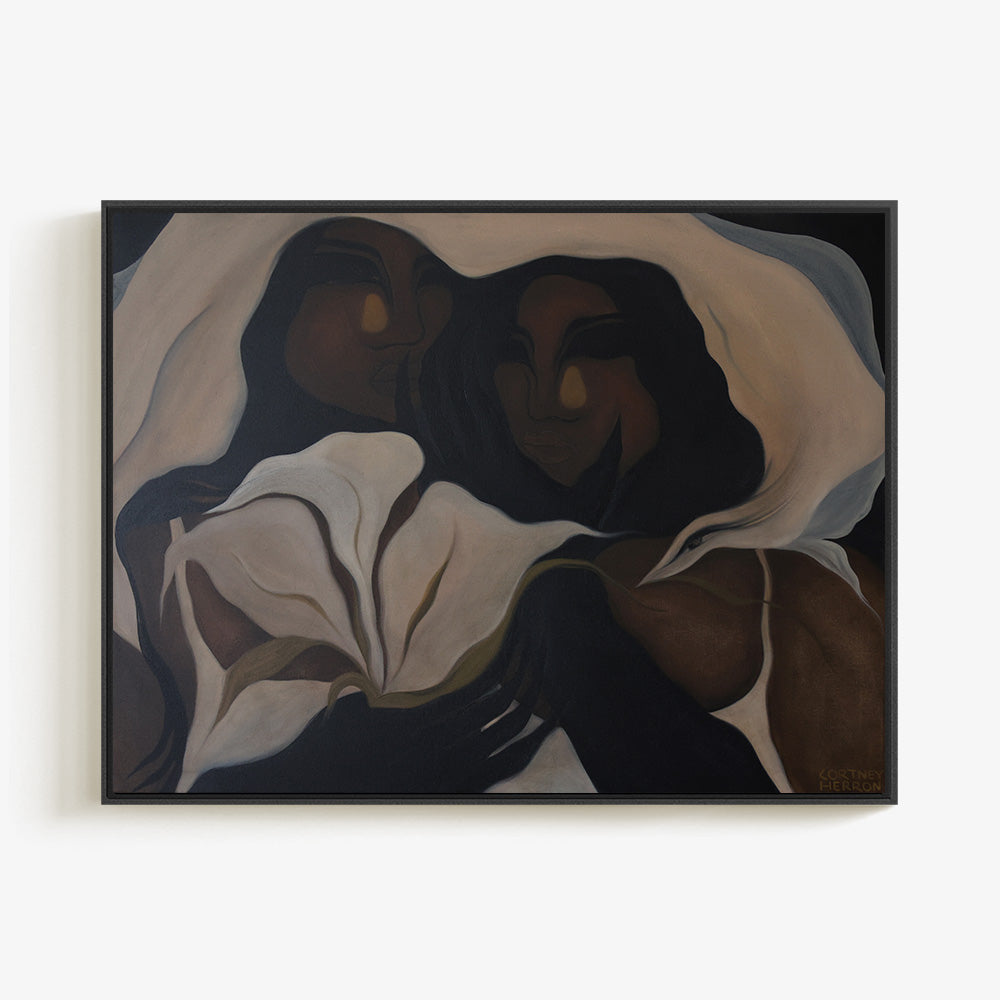 Figurative painting titled Watching Over Us in a black frame depicting two figures with a large abstract flower