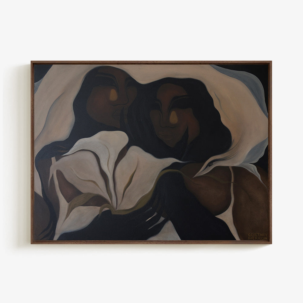 Figurative painting titled Watching Over Us in a wooden frame featuring two intertwined figures and a large flower