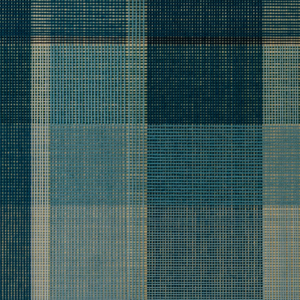 Close-up of textile art with dense horizontal and vertical threads creating a plaid pattern in different shades of blue