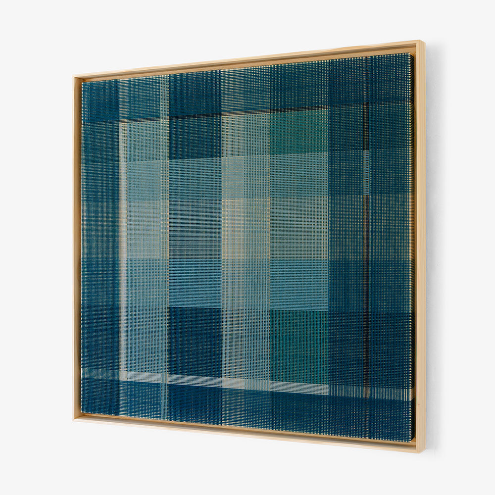 Square textile art light wood frame blue and white plaid pattern Various shades of blue create a checkered effect