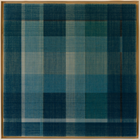 Front view of a framed blue and teal textile art piece with a structured plaid pattern