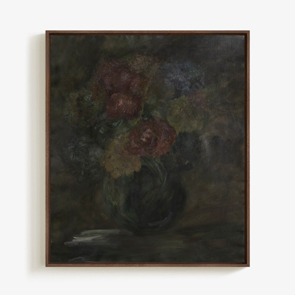 A Dark Vase 01 painting a dark still life of flowers in a vase in a dark brown wooden frame