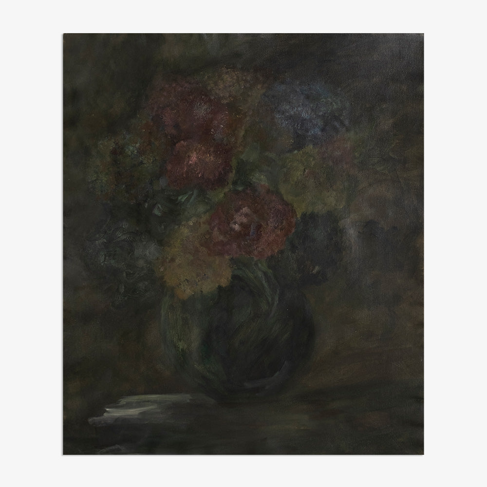 A Dark Vase 01 painting a dark still life of flowers in a vase without a frame