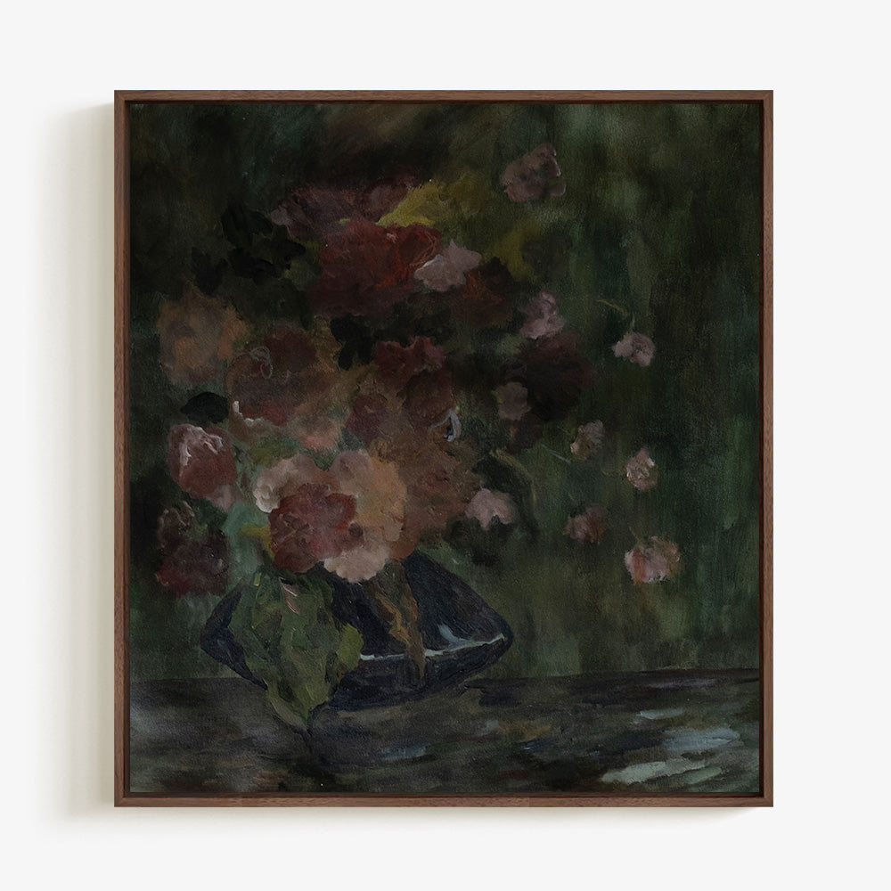 Painting of deep red and pink flowers in a dark vase with a dark green background framed in wood