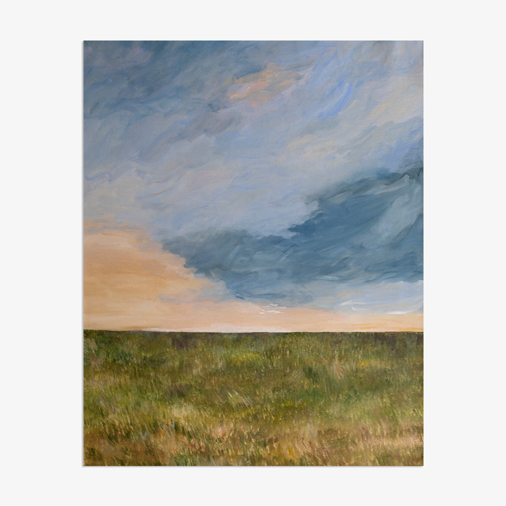 Vertical landscape painting titled A Field at Sunset with a blue and orange sky over a green field