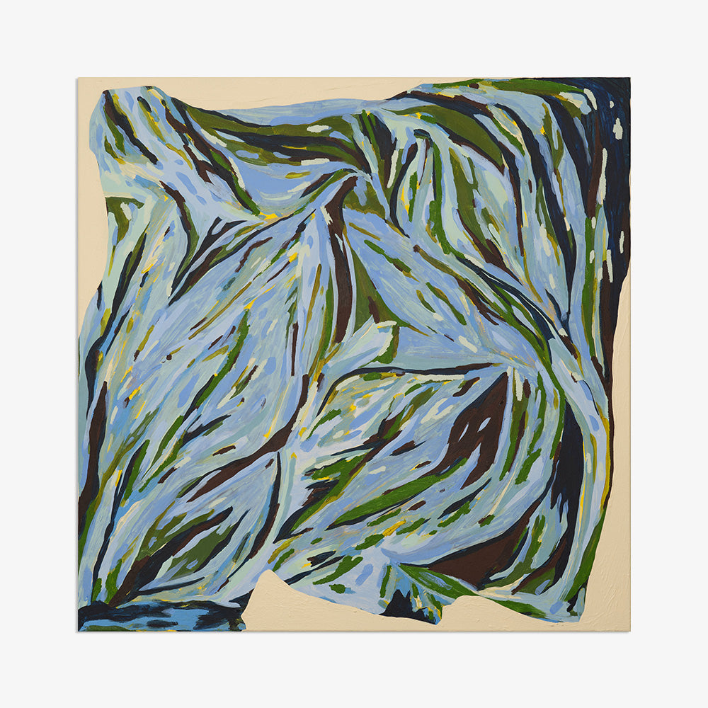 Close up of an abstract painting with cream margins and a central composition of swirling blue and green paint