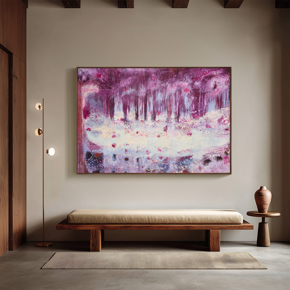 Abstract expressionist painting in shades of magenta and white displayed above a minimalist wooden bench