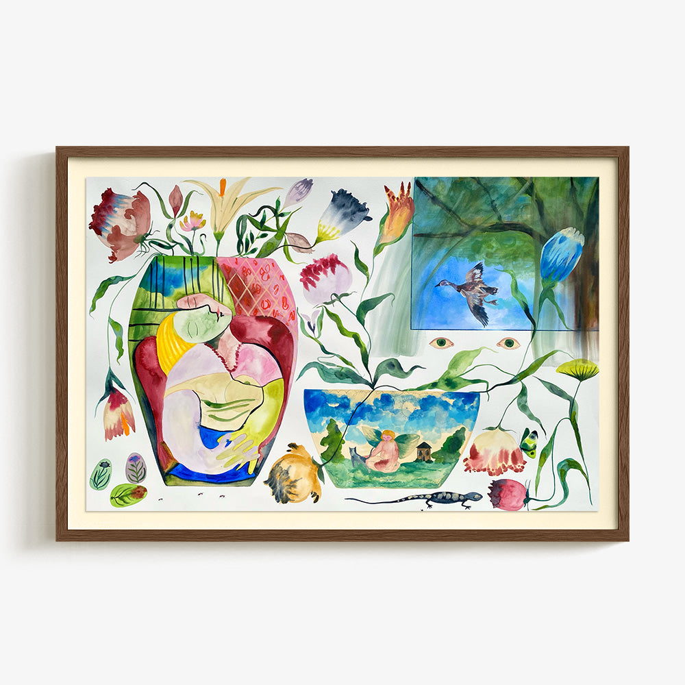 Watercolor painting in a brown frame showing a figure inside a vase surrounded by flowers a duck and a lizard