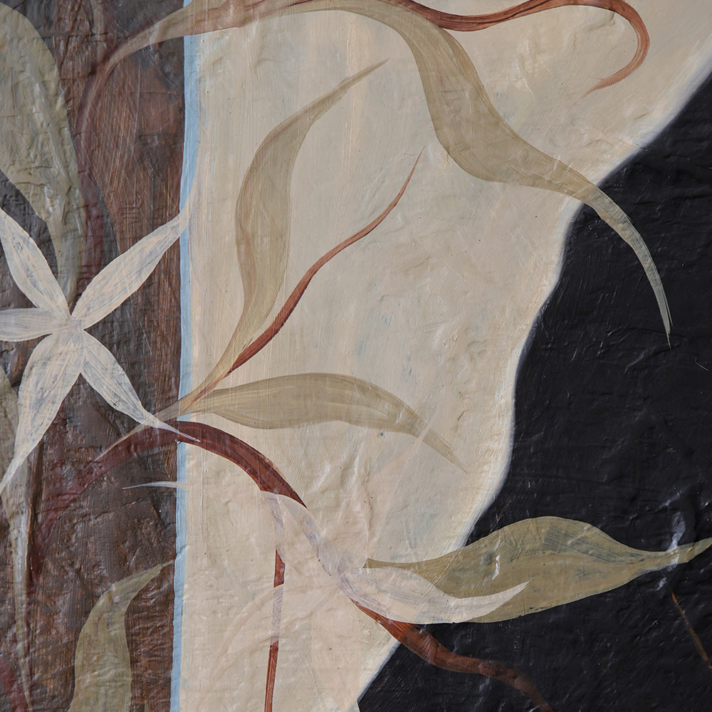 Textured painting detail featuring painted white flowers and botanical leaves against cream and black panels