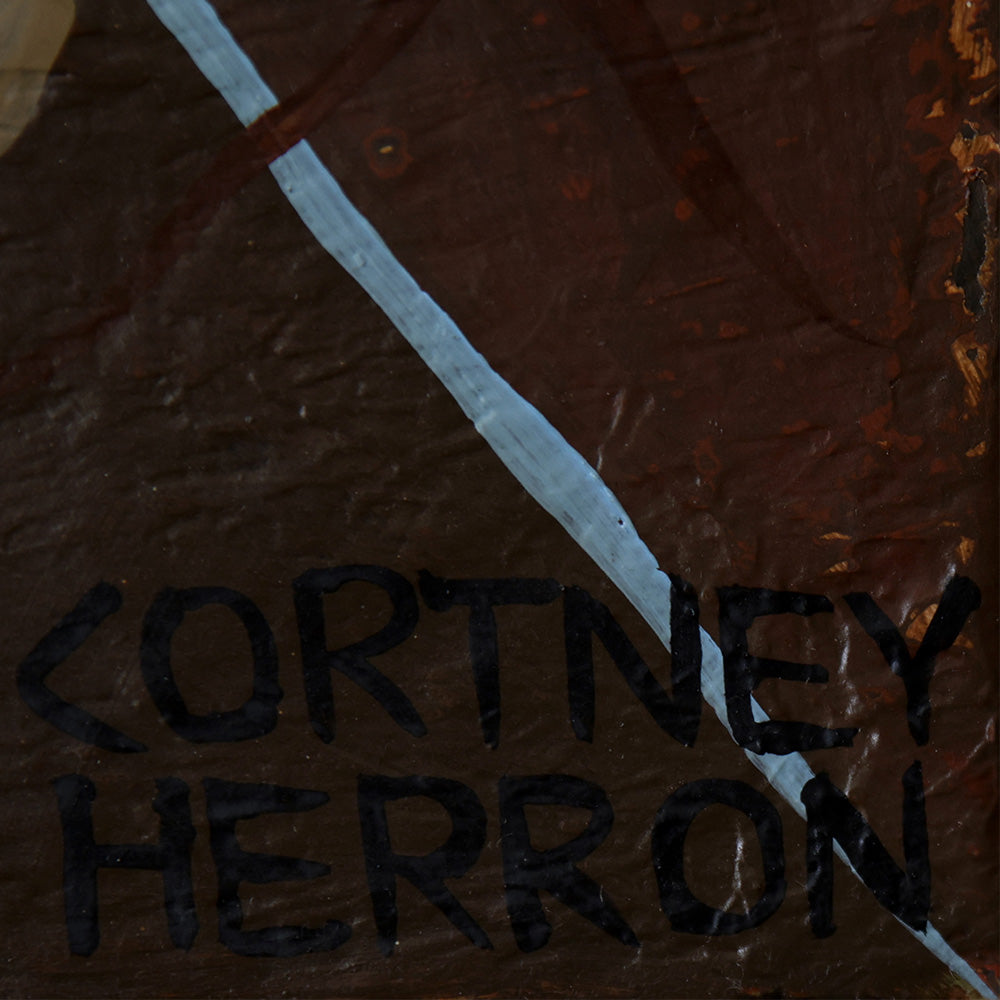 Close-up of a dark textured painting with the artist signature Cortney Herron written in black paint