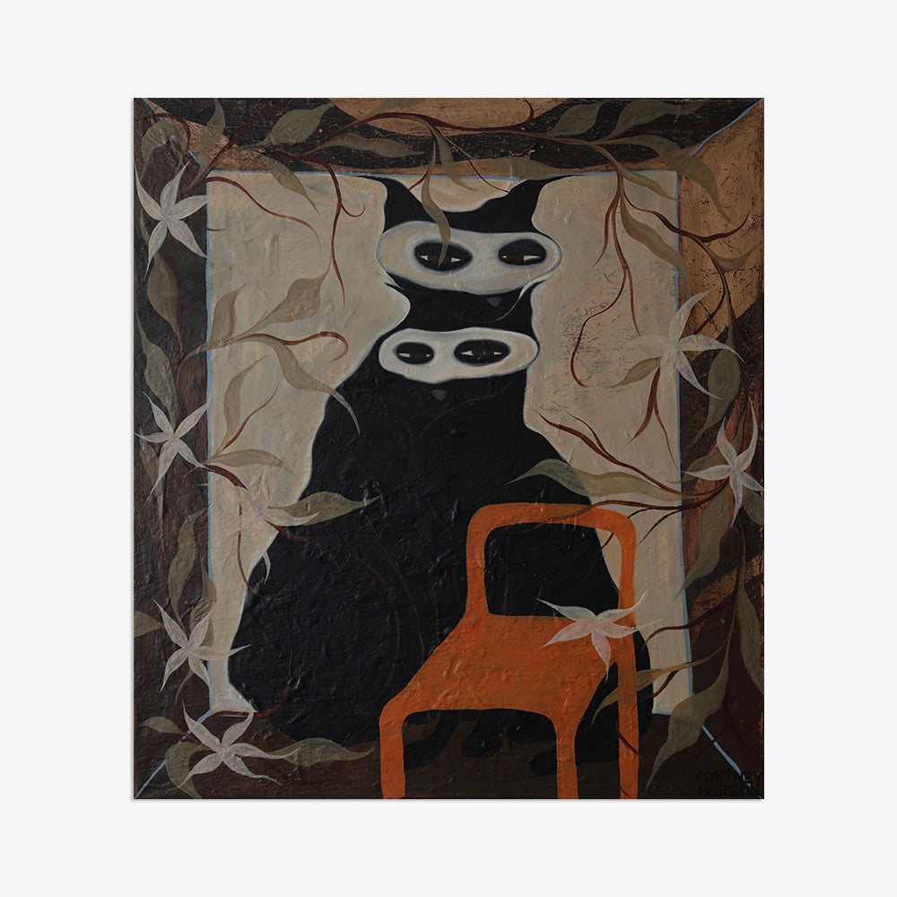 Painting depicting a mysterious creature in black with two white face masks and a bright orange chair