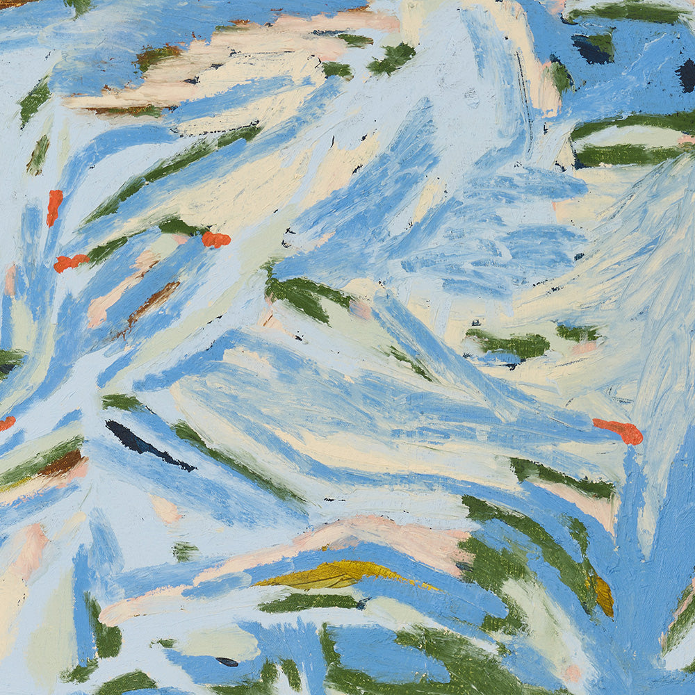 Close-up of the abstract painting A Thicket showing textured brushstrokes in blues greens creams and oranges