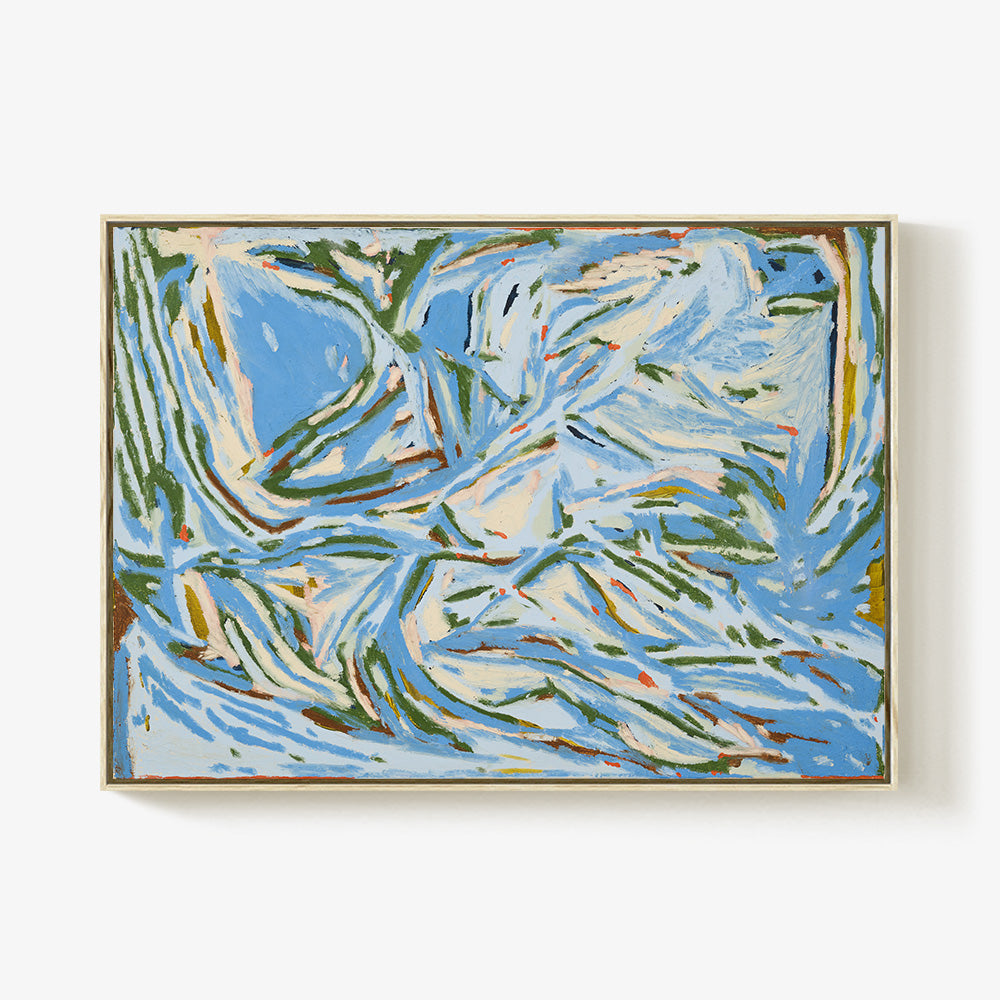 Abstract painting A Thicket by Codie OConnor with blue green and white strokes creating a tangled look