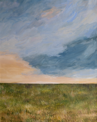 Abstract landscape painting of a sunset over a grassy field unframed