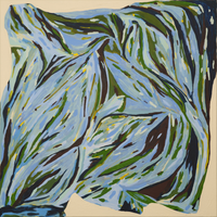Full view of an abstract painting showcasing bold rhythmic strokes of blue green and dark brown on a cream canvas
