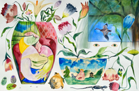 Watercolor painting featuring a portrait in a vase a flying duck a fairy a lizard and various colorful flowers