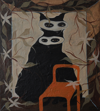 Textured painting featuring a black creature with two white mask-like faces sitting next to an orange chair