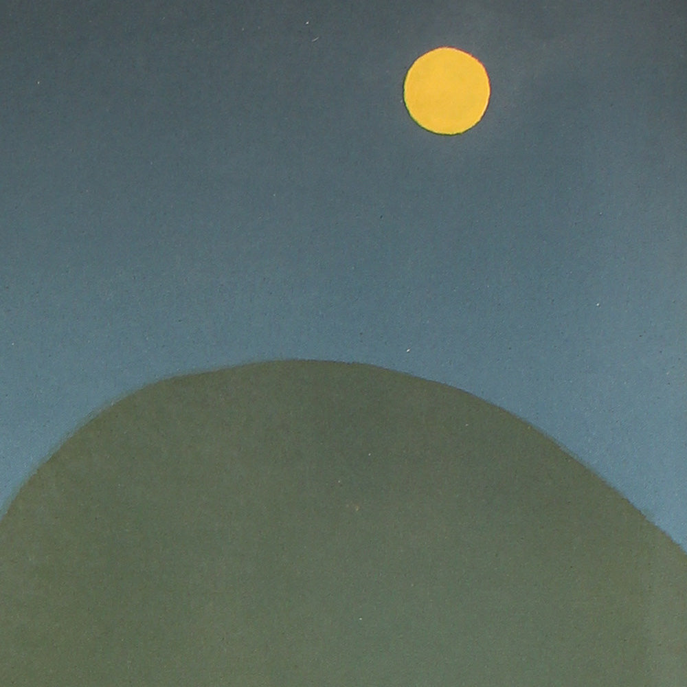 Detail of an abstract painting showing a small yellow sun against a gradient blue and green sky