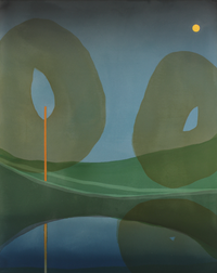 Abstract artwork featuring green circular motifs and a yellow moon set against a dark blue background