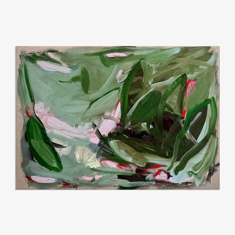 An abstract painting featuring fluid painterly strokes of olive green forest green and soft pink on light canvas