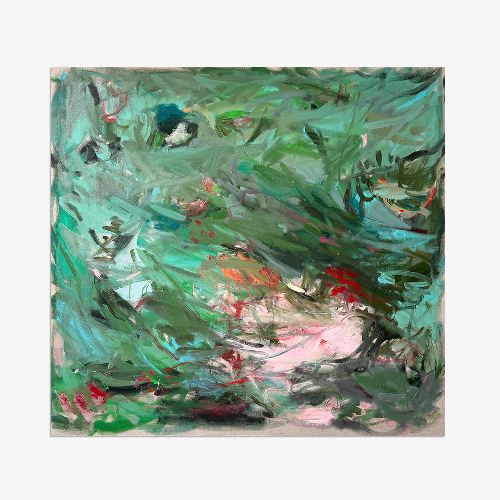 Abstract painting with a palette of green teal and pink brushstrokes isolated on a white background