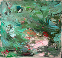 Abstract expressionist painting with sweeping green teal and pink marks on a textured canvas