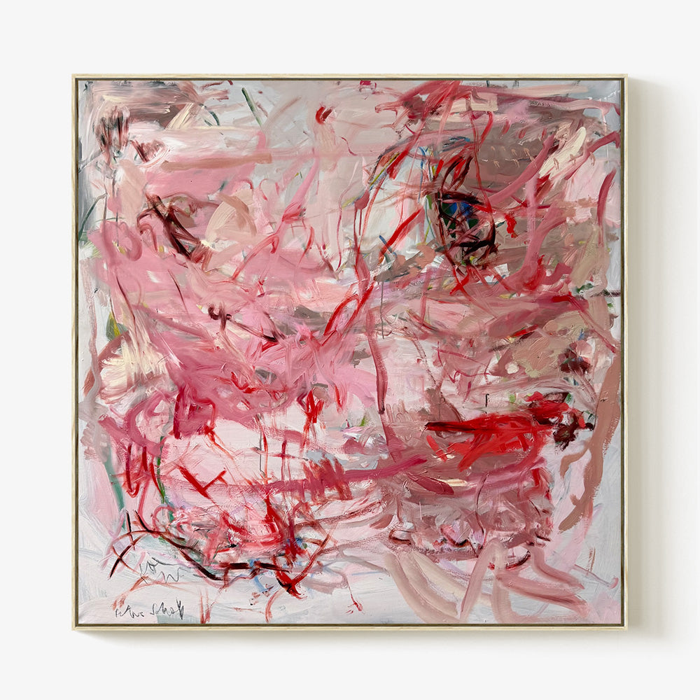 Square framed painting by Petra Schott featuring dense layered brushwork in vibrant pinks reds and soft grays