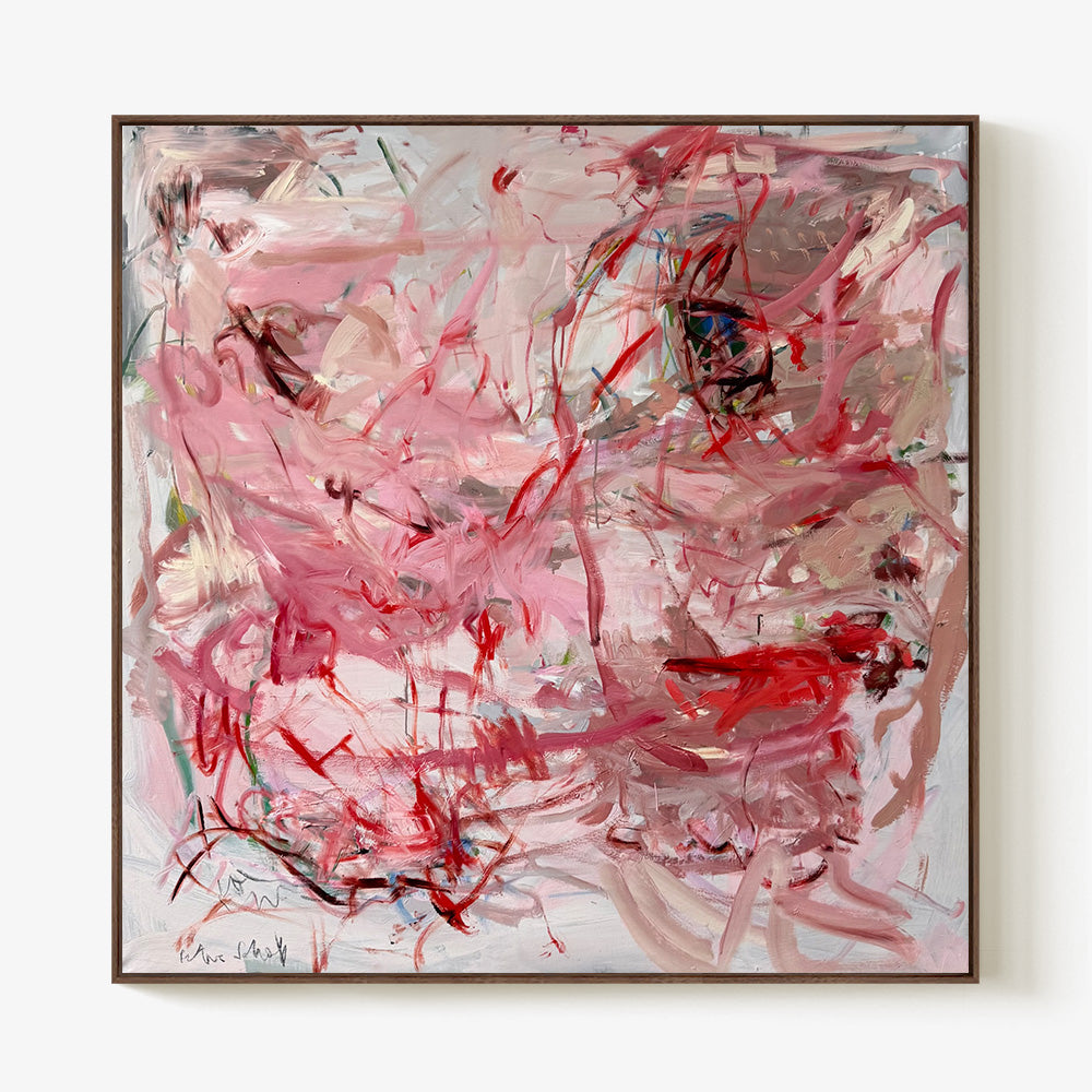 Square framed painting by Petra Schott featuring dense layered brushwork in vibrant pinks reds and soft grays