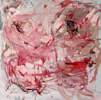 Abstract painting on canvas displaying layers of pink white and red gestural lines over a muted background
