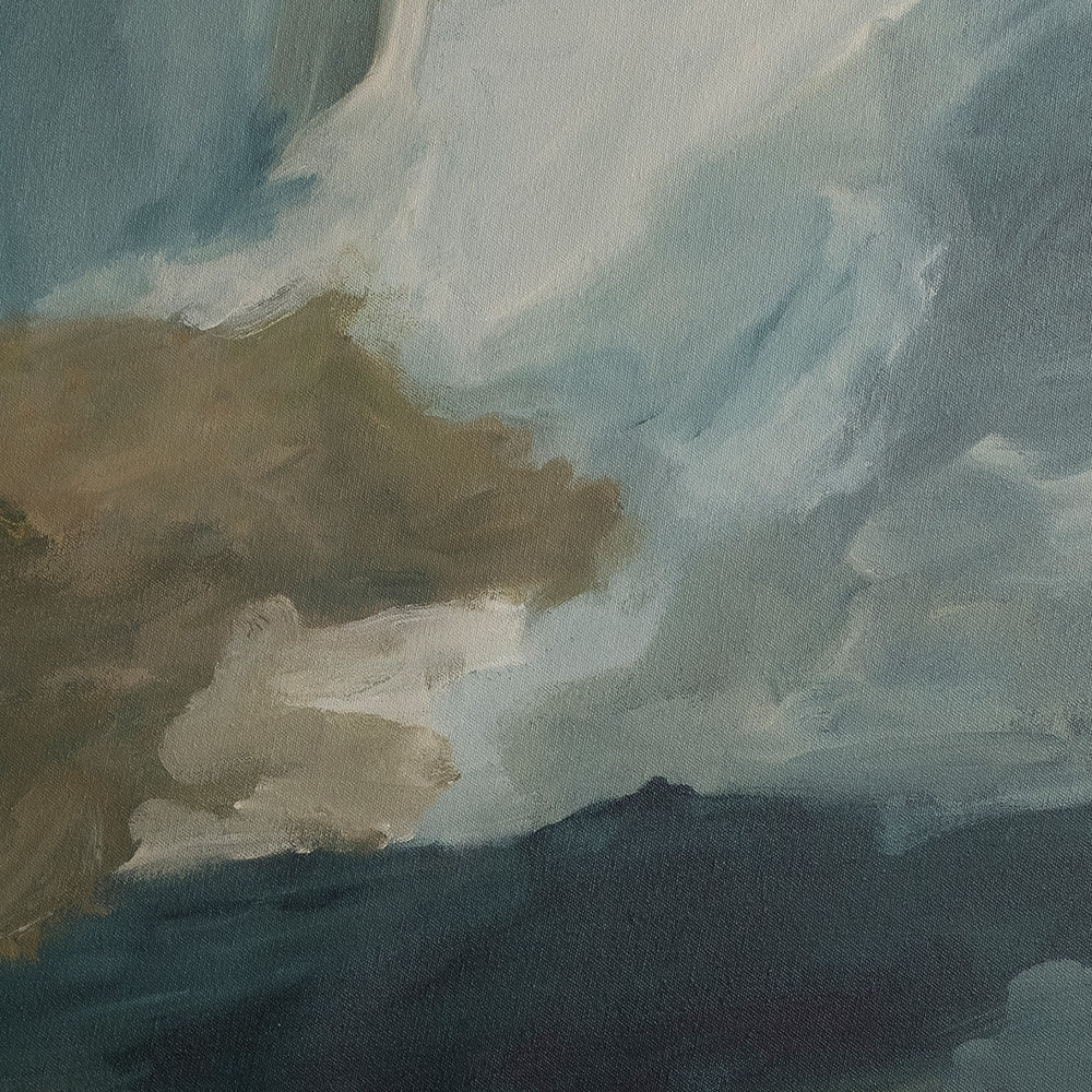 Abstract painting with broad brushstrokes in shades of dark blue brown grey and white evoking a stormy sky