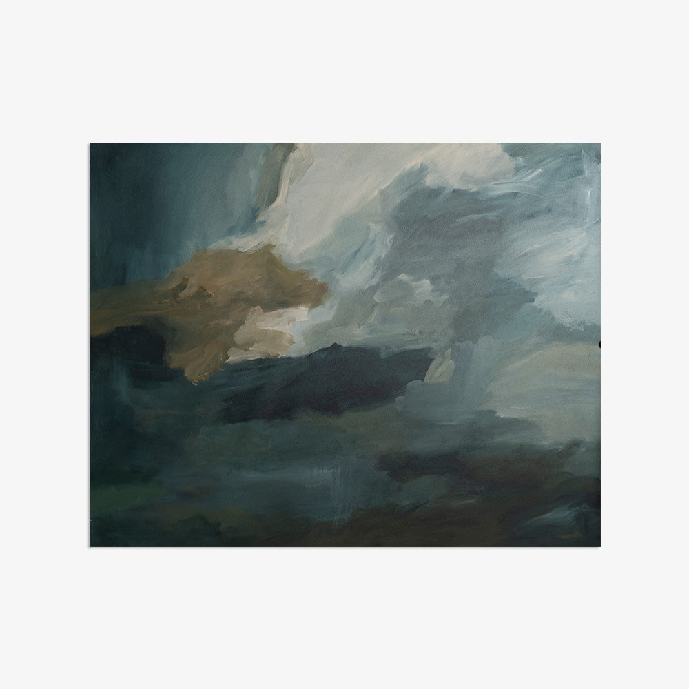 Unframed abstract painting with turbulent brushstrokes in shades of dark blue white and brown