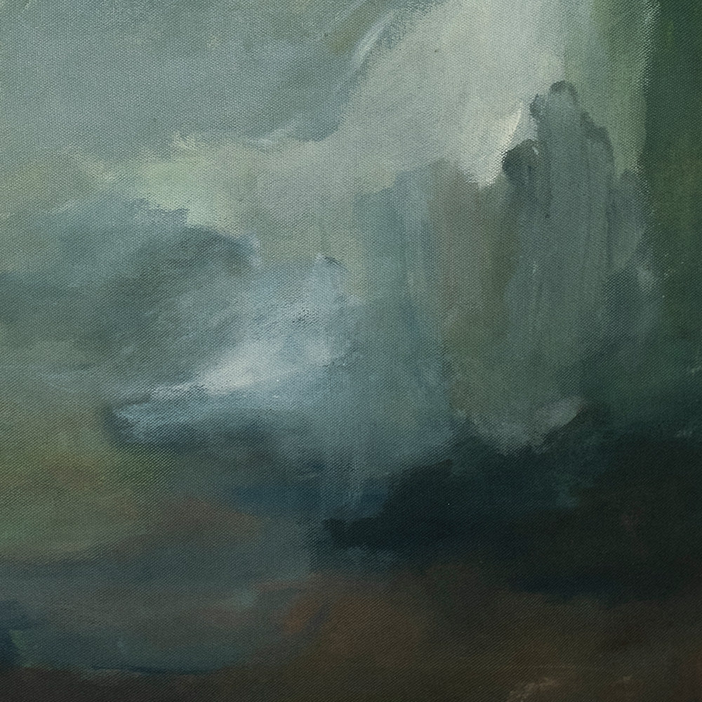 Close-up of an abstract painting with heavy texture in shades of deep blue dark green and brown with white highlights