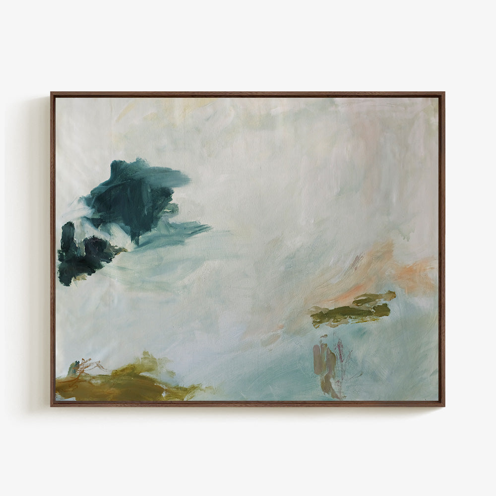 Abstract painting titled Coastal Blues 03 in a dark wood frame featuring blue green and peach brushstrokes on a white