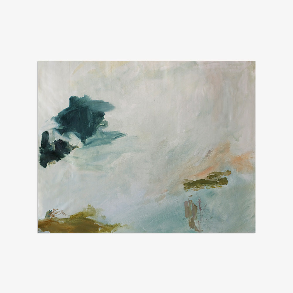 Abstract painting titled Coastal Blues 03 with blue green and peach brushstrokes on a white background