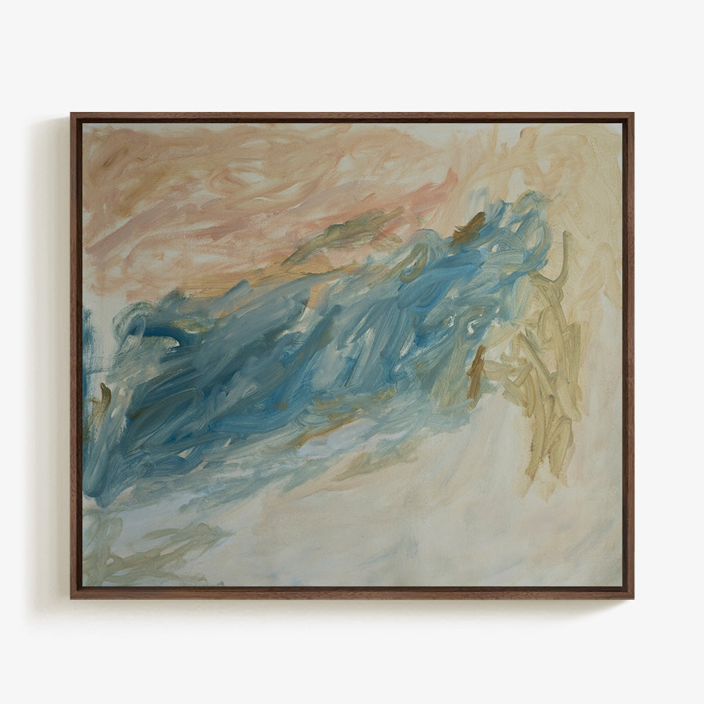 Coastal Blues 04 abstract painting in a dark wood frame Features bold strokes of blue beige and light pink