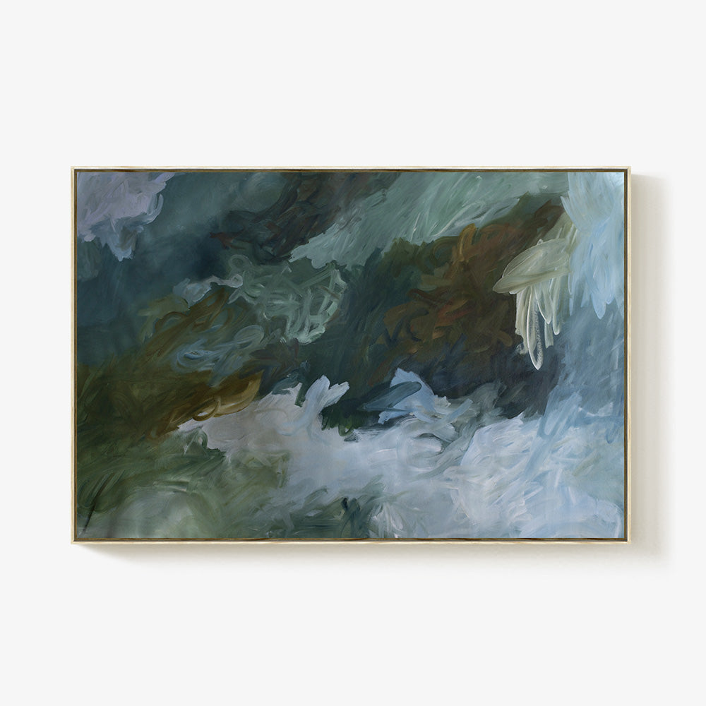 Abstract painting titled Coastal Blues 05 with swirling blue green and brown hues in a gold frame