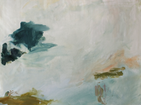Abstract painting featuring blended teal olive green and peach tones unframed