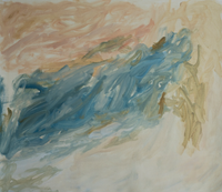 Abstract painting with blended blue and light brown tones on a textured canvas