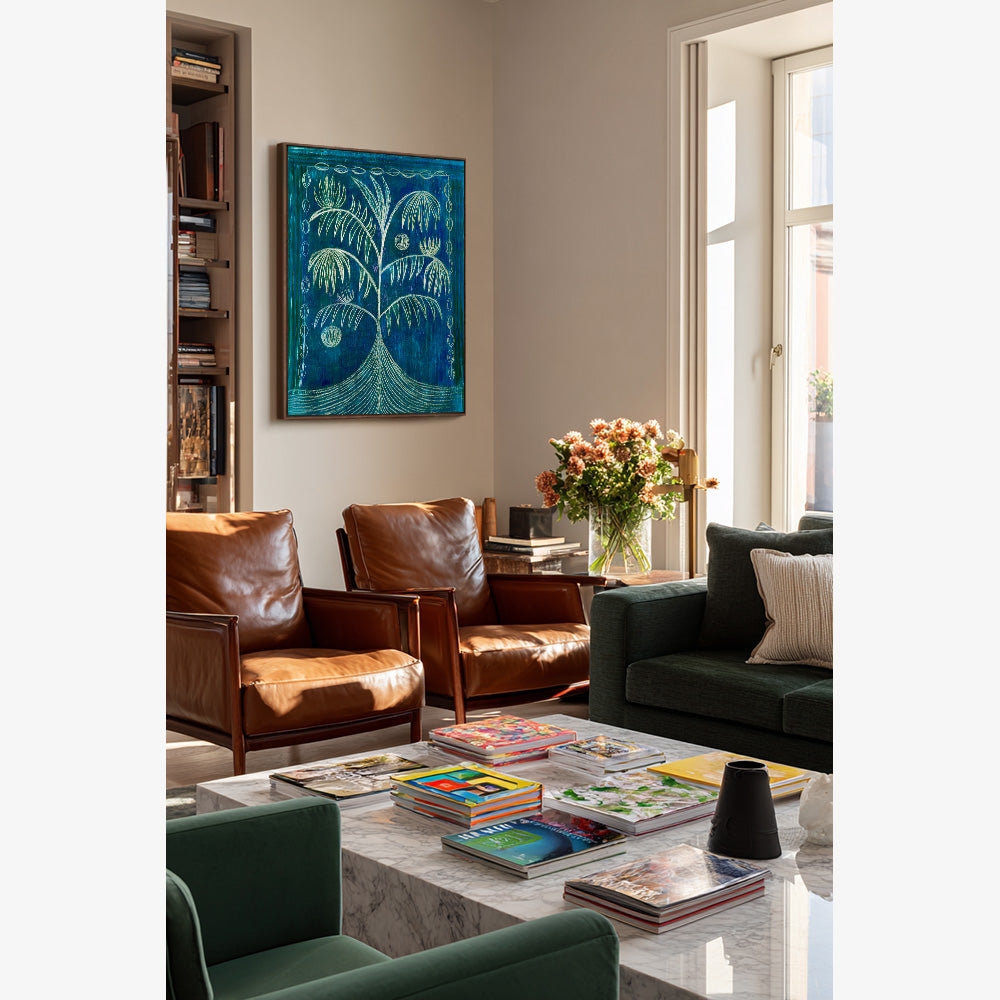 Hannah Carricks Colour Study 10 painting hung in a living room above two brown leather armchairs