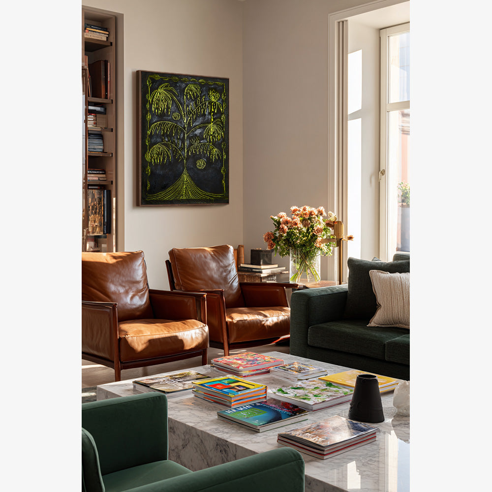 Painting titled Colour Study 11 in a living room with brown leather armchairs green sofa and marble table