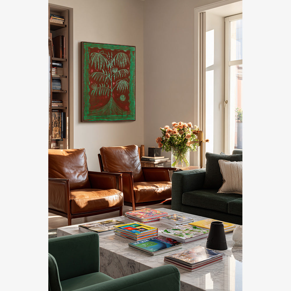 Abstract vertical painting on wall featuring a stylized tree in earthy reddish-brown and vibrant green tones