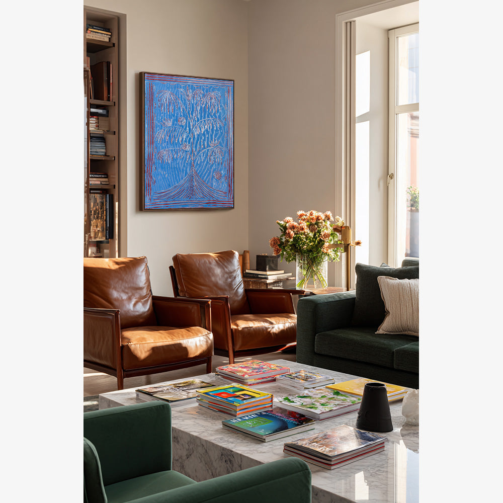 Hannah Carricks Colour Study 7 painting light blue tree with thin reddish-pink lines in a living room