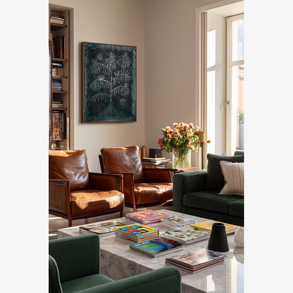 Hannah Carricks Colour Study 8 painting hung in a living room above two brown leather armchairs