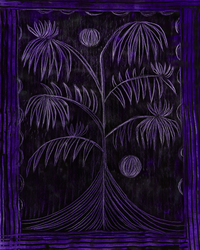 Painting on deep purple background with a white outlined plant motif circular shapes and a dark striped frame