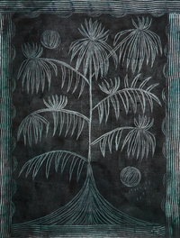 Painting featuring a white outlined tree and circular forms within a striped border on a textured black background