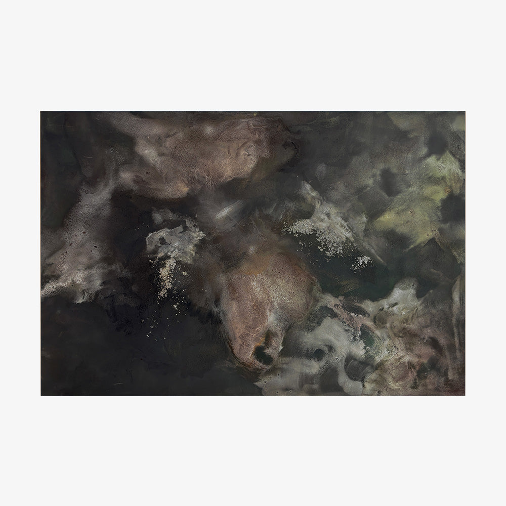 Dark moody abstract painting titled Confluence with smoky grey brown and muted yellow textures shown unframed