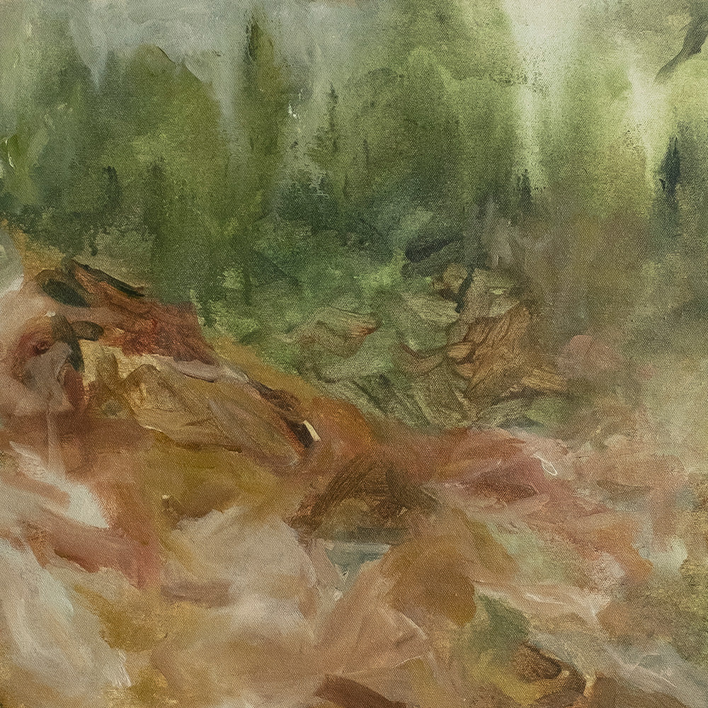 Detail of Emily Tingeys Country Hillside 01 showing thick green and brown brushstrokes on canvas