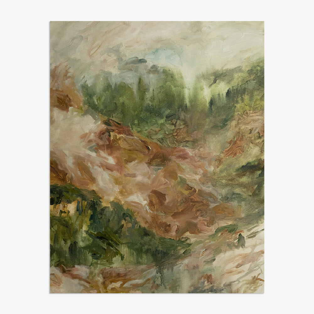 Close-up of Emily Tingeys Country Hillside 01 abstract painting with greens and earthy browns