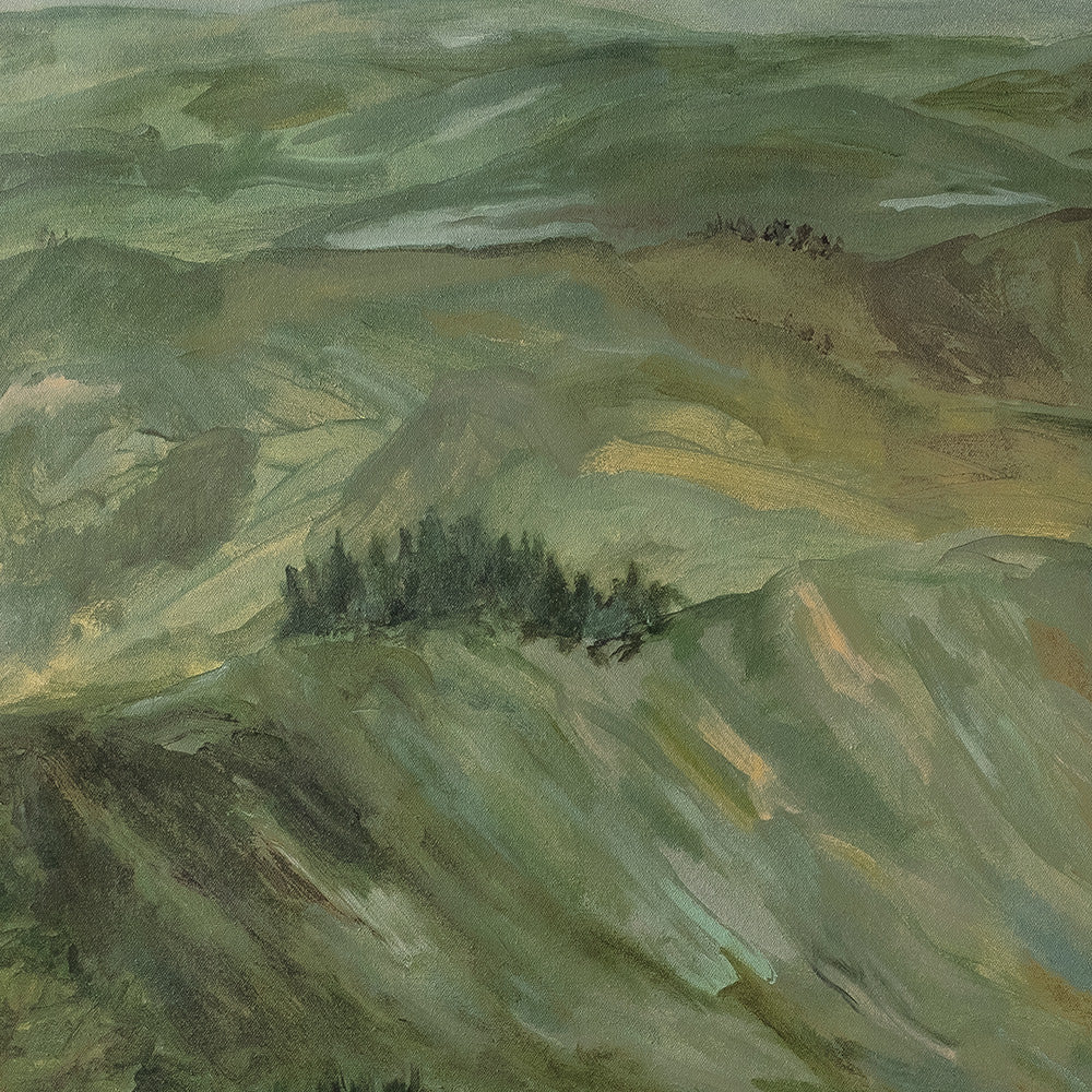 Close-up of Country Hillside France painting showing green hills trees and a river