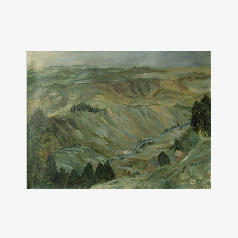 Country Hillside France painting without a frame depicting a lush green landscape with a river